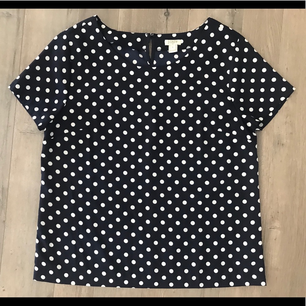 Women’s J Crew short sleeve polka dot blouse.